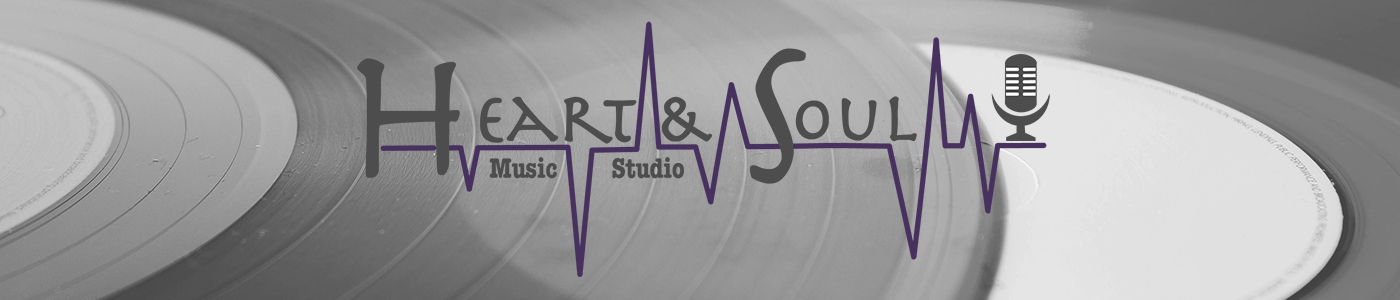 Heart and Soul Music Studio company name with a heart monitor line underneath, a microphone at the right end, with a black and white image of two records behind.